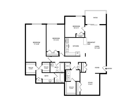 Floor plan for 3 beds, 2 baths, 1619 sqft
